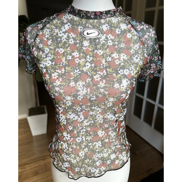Nike Mesh Floral Sheer Top Women's Small Y2K Vintage Style Short Sleeve Stretch - Picture 4 of 8